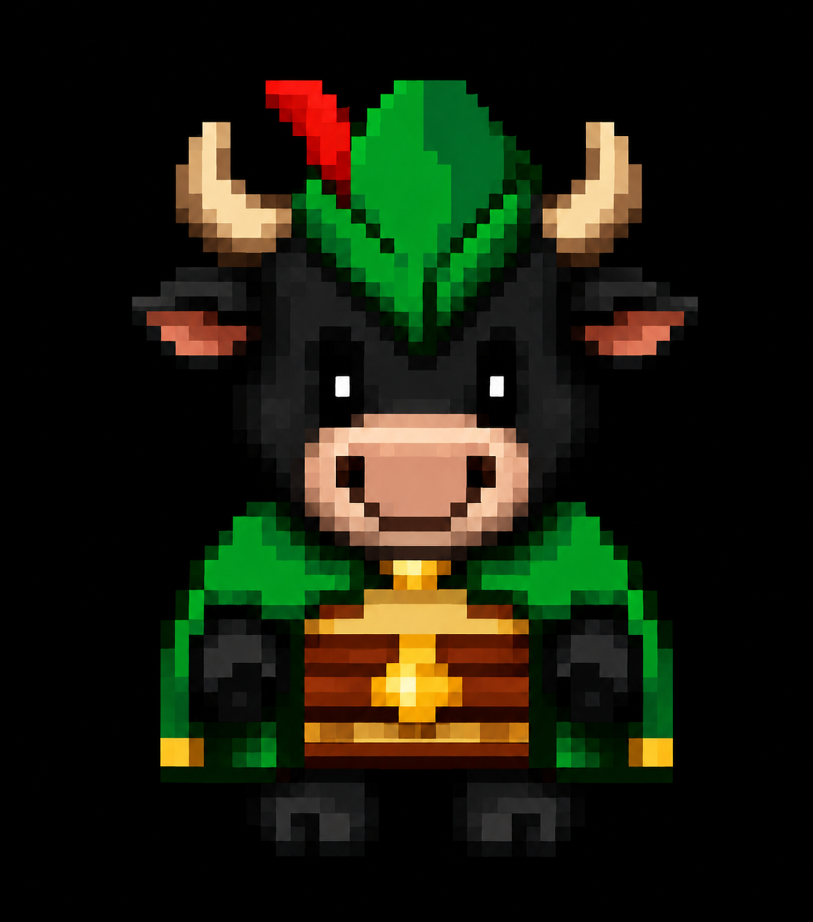 Pixel-art bull warrior wearing green armor